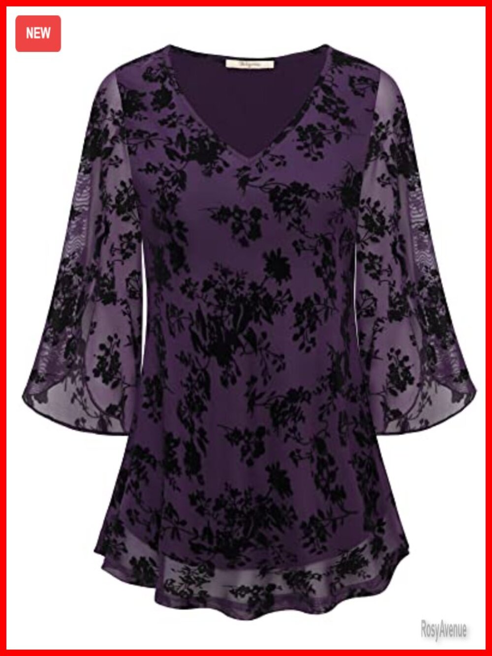 Womens Ruffle 3/4 Sleeve V Neck Double Layers Mesh Blouse Loose Fit Flowy Tunic